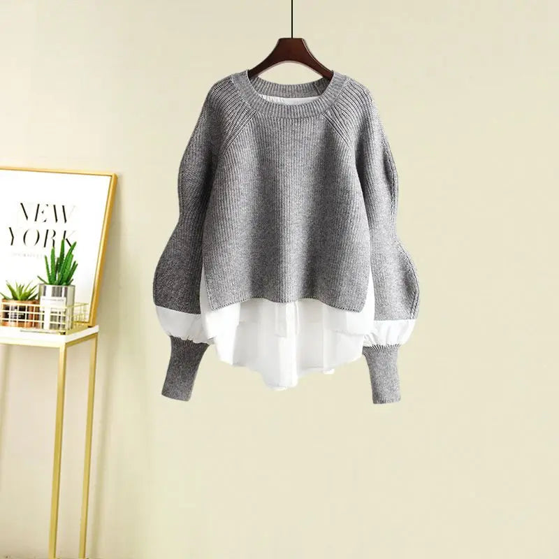 Women's Spring Autumn New Fashion Fake Two Piece Knit Sweater+Strap A-line Skirt Suit Korean Elegant Pullover Dress Matching Set
