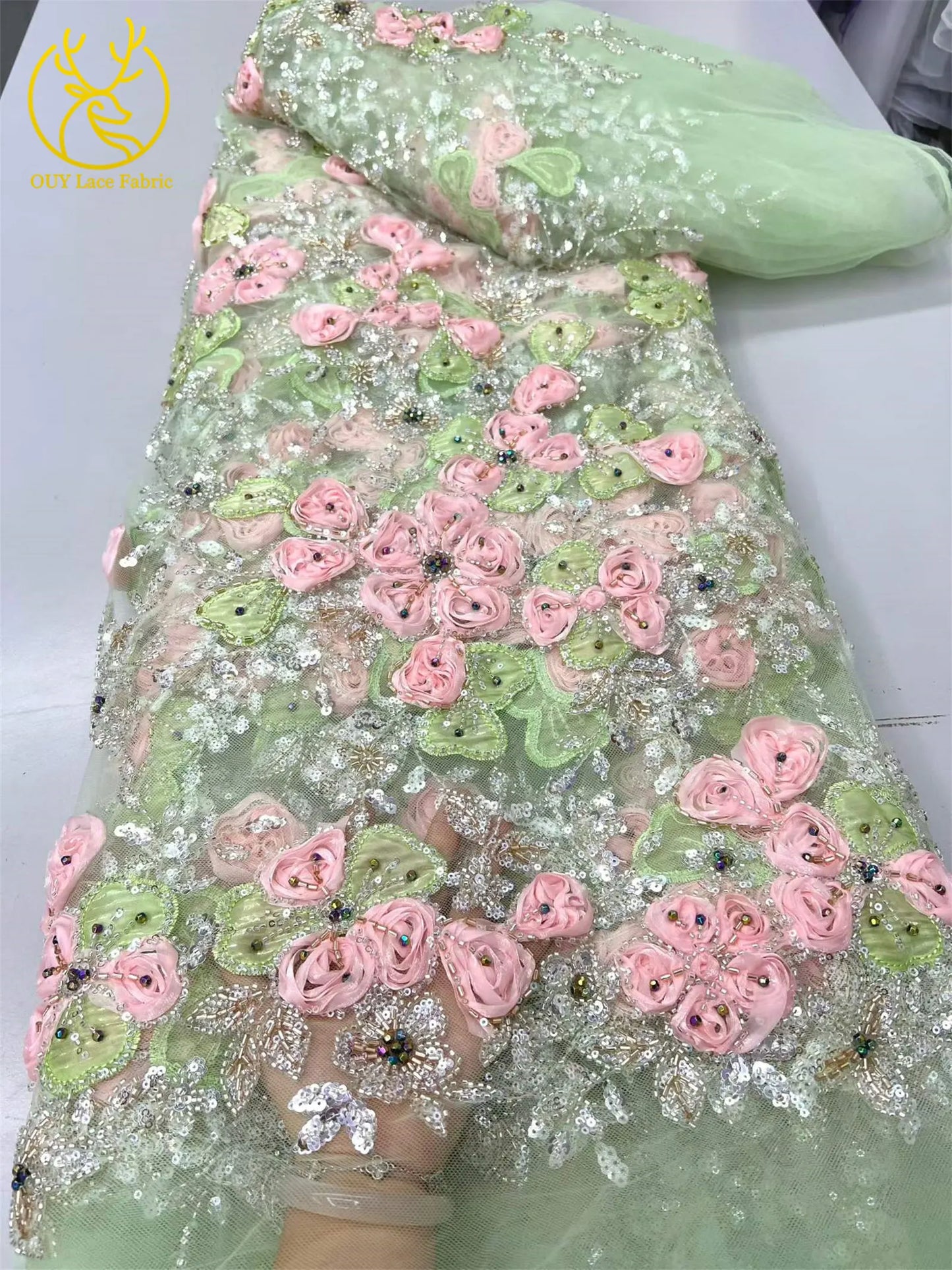 Beautiful Nigerian 3D Flower Lace Fabric 2026 African Beaded Sequins Lace Fabric French Embroidery Tulle Lace Wedding Dress