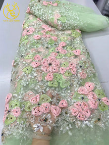 Beautiful Nigerian 3D Flower Lace Fabric 2026 African Beaded Sequins Lace Fabric French Embroidery Tulle Lace Wedding Dress