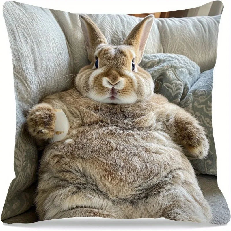 Short Plush “Chill Bunny on Sofa” Pillowcase 18x18 Inch Double Sided Printed Zipper Cushion Cover Whimsical Animal Decor