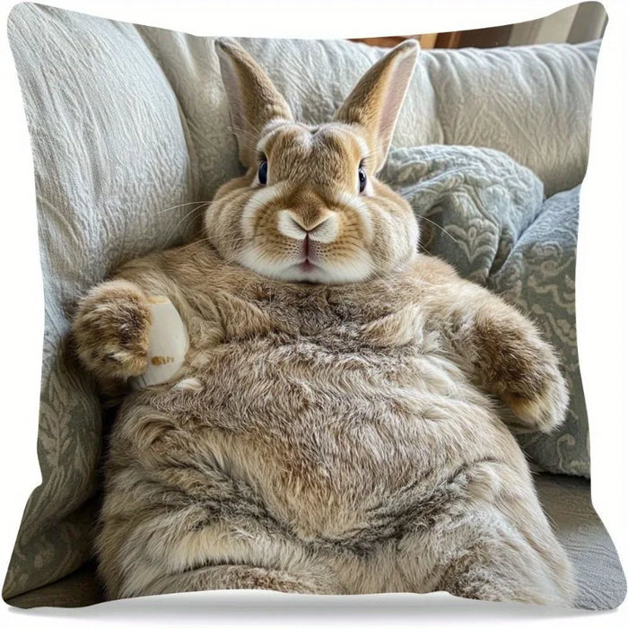 Short Plush “Chill Bunny on Sofa” Pillowcase 18x18 Inch Double Sided Printed Zipper Cushion Cover Whimsical Animal Decor