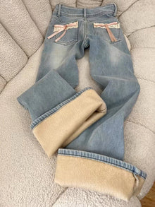 Y2K Fleece Flare Jeans Women Harajuku Streetwear Lace Bow Denim Pants Winter Fashion Sweet Cute High Waist Slim Design Trousers