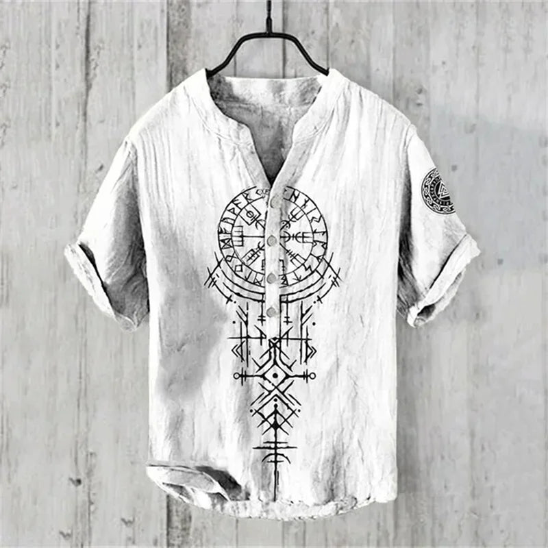 Summer New Men's Short Sleeve Shirt Pattern Art Print Men's 100% Linen Button Shirt Short Sleeve Comfort Shirt