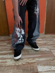 Y2k Vintage Washed Black Personalized Street Jeans Men Skateboarding Gothic Pattern Print Retro Denim Pants Loose Wide Leg Jeans