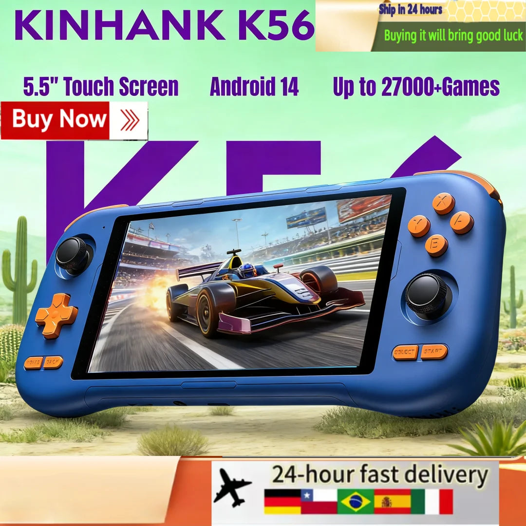KINHANK K56 Portable Game Console 5000mAh Supports 50 Emulators (PS1/PSP/DC/SS) Android 14 WiFi Hot Sale 5.5-Inch Touchscreen
