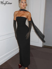 Hugcitar Elegant Strapless Mesh Maxi Dress For Women Wedding