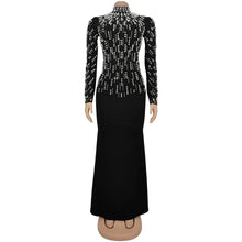 Temperament Elegant Party Diamond Pearl Long Bodycon Dress Women O Neck Long Sleeve Glitter Club Evening Black Sheath Maxi Dress