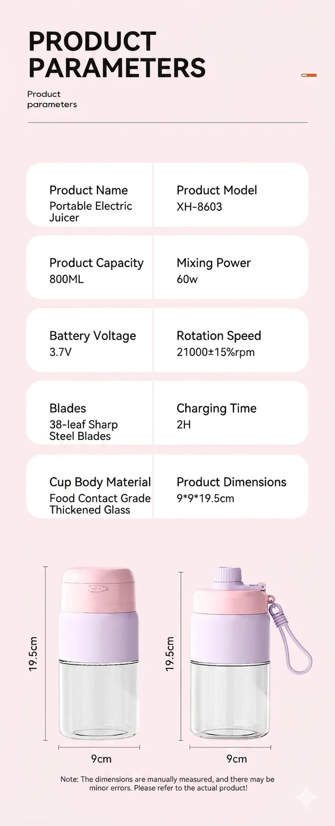 Portable Blender 38 Blades Electric Juicer Cup Rechargeable Smoothie Maker Wireless Automatic Fruit Mixer for Gym Travel Camping