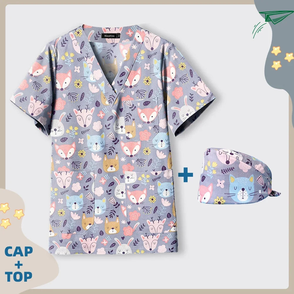 Print Dogs/Cats/Rabbit Scrub Tops Women Men Medical Scrub Shirts Pet Shop Vet Workwear Doctor Nurse Uniform Dentist Overalls Cap