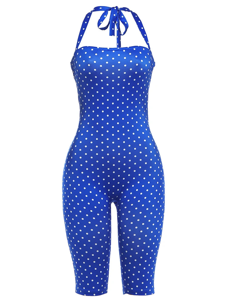 Kliou Sexy Off Shoulder Playsuits Woman Polka Dot Print Bandage Halter Backless Skinny Peach Hip Hot Girls Street Fashion Romper