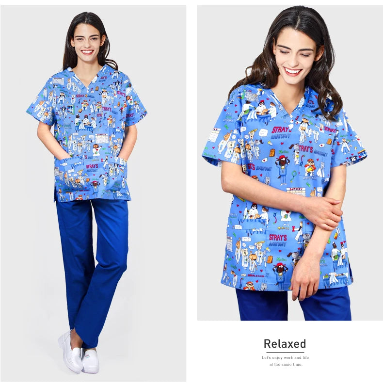 ANNO Hospital Staff Scrubs Top Medical Sanitary Nursing Uniform Dental Clinic Print Beauty Caregiver Coveralls