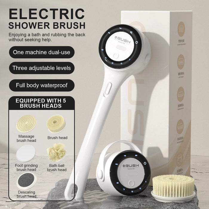 NOUVELLE Brosse de nettoyage électrique pour le corps 2025, 5 têtes, brosse de bain spa rotative, étanche, long manche, massage du dos, 3 vitesses