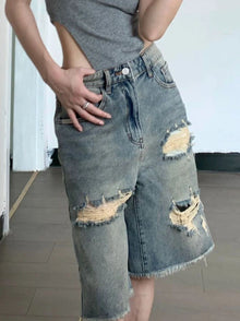 Y2K American Retro High Street Hip Hop Loose Straight Cut Shorts Women's Five-Point Pants  Style Mid-Calf Shorts with Hole