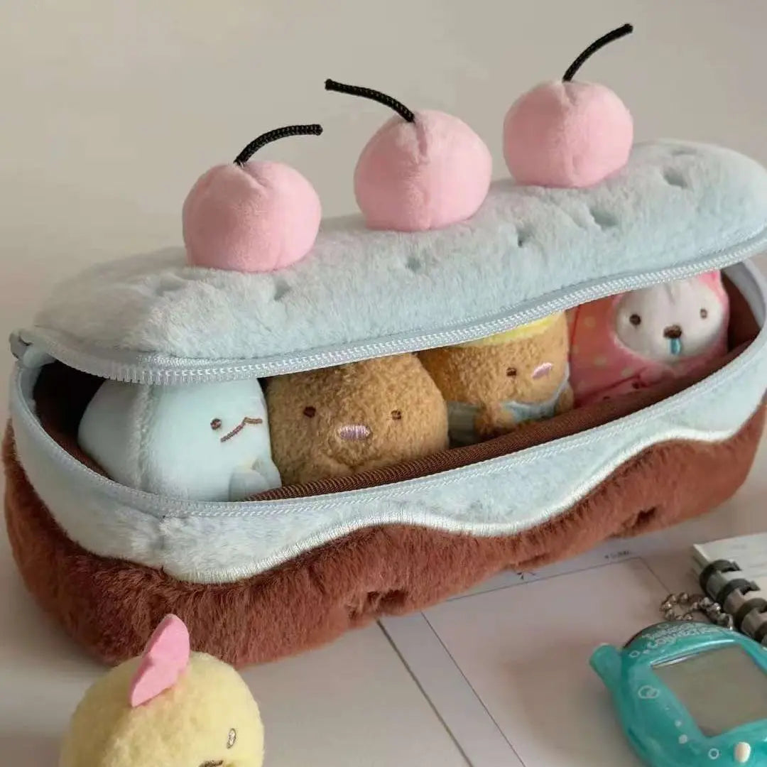 INS Fashion Korean Cream Swiss Roll Plush Pencil Case Student Desktop Storage Stationery Pen Bag Cute Girl Makeup Bag