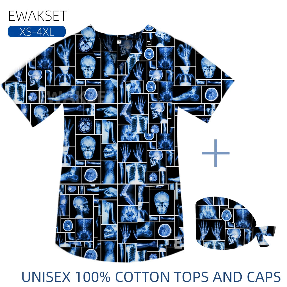 New Top for orthopedics Cotton bones skeleton printed Medical Blouse V-neck Nurse Doctor Operating T shirts Unisex Scrub Clothes