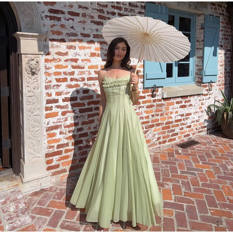 Spaghetti Strap Chiffon Lace Trim Flared Dress Sleeveless Waist Cinched 2026 Summer Formal Women Gown Chic Causal Lady Vestido