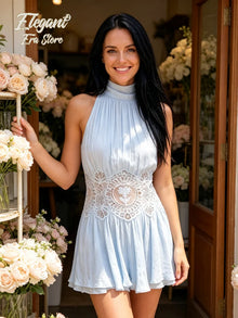 Light Blue Halter Neck Pleated Mini Dress Lady Sleeveless High Waist Hollow Lace Short Vestidos Summer Women's Vacation Outfit
