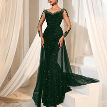 Elegant Long Sleeve V Neck Lace Sequin Evening Dress Glitter