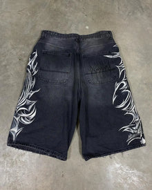 American Retro Gothic Halloween Geometry Graffiti Print Denim Shorts Men Women Y2k Low Waist Baggy Knee Length Jeans Jorts Short