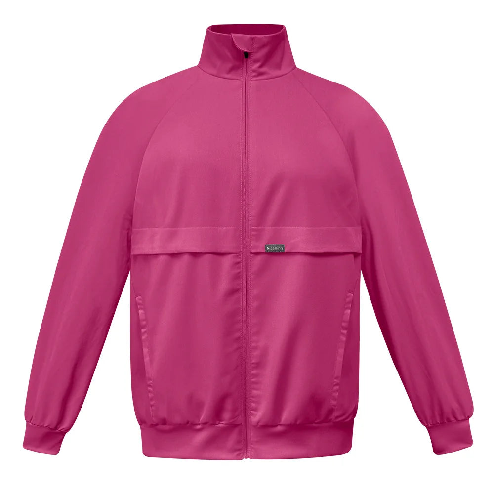 Surgical gown jacket, long sleeved jacket, stand up collar with multiple pockets, medical brush gloves, nurse work clothes