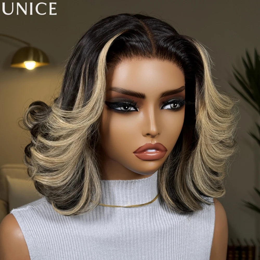 UNice 7x5 Bye Bye Slip™ Lace Dark Brunette with Ash Blonde Highlight Layered Wavy Bob Wig Human Hair with Invisi Drawstring