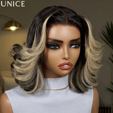 UNice 7x5 Bye Bye Slip™ Lace Dark Brunette with Ash Blonde Highlight Layered Wavy Bob Wig Human Hair with Invisi Drawstring