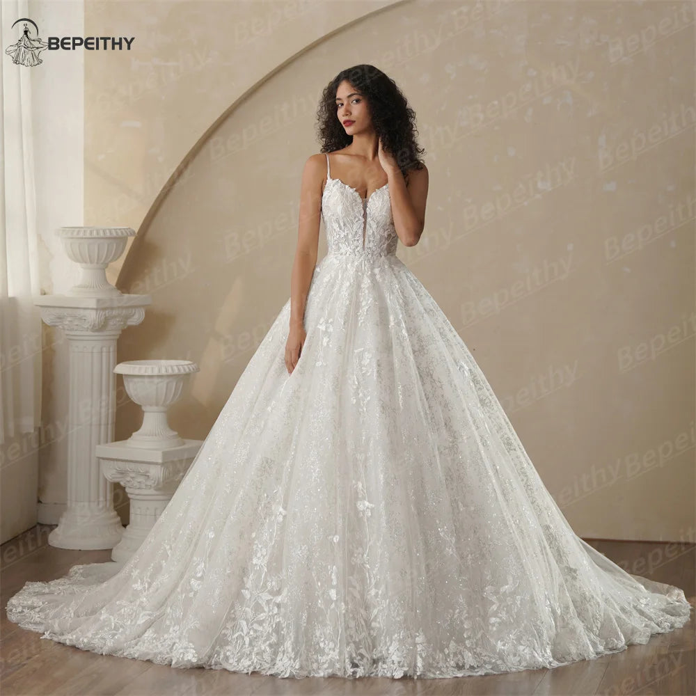 BEPEITHY Customized Glitter Princess Ivory Wedding Dresses For Women Sleeveless Shinny Lace V Neck Bride Ball Bridal Gown 2025