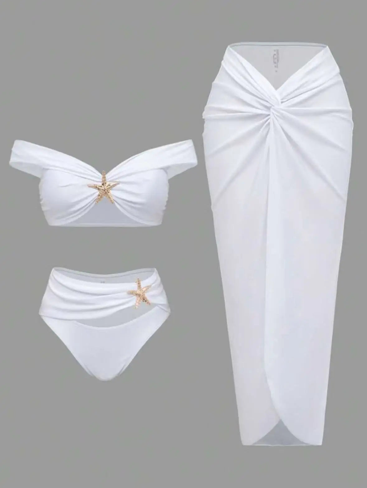 Women's Sexy Bikini Set Beachwear Metallic Starfish Bikini Folds Long Skirts Three Piece Sets Hot Girl Vacation Style Swimsuit