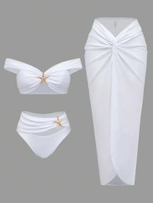 Women's Sexy Bikini Set Beachwear Metallic Starfish Bikini Folds Long Skirts Three Piece Sets Hot Girl Vacation Style Swimsuit