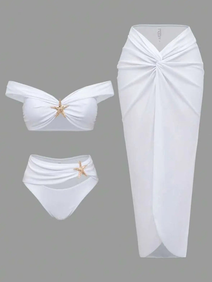Women's Sexy Bikini Set Beachwear Metallic Starfish Bikini Folds Long Skirts Three Piece Sets Hot Girl Vacation Style Swimsuit
