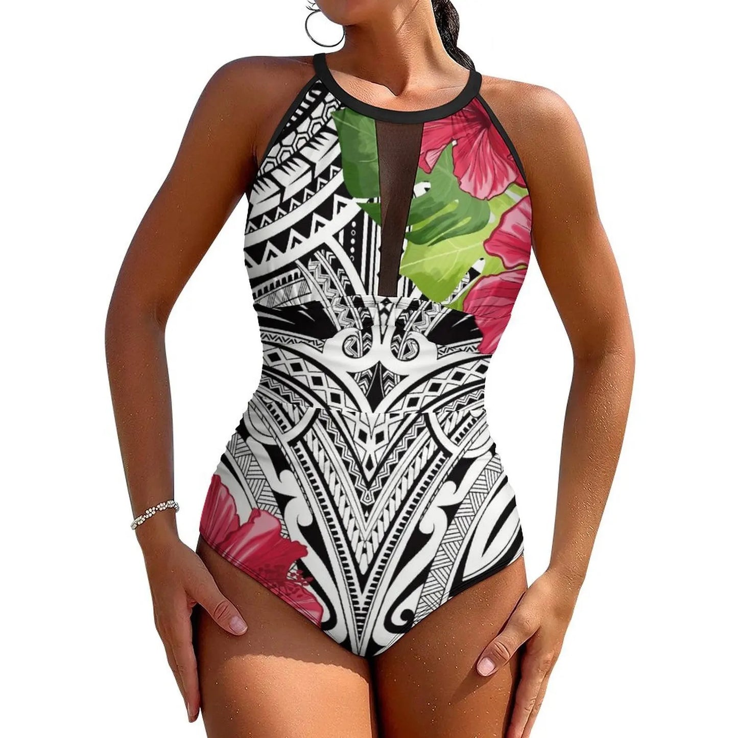 Fiji High-Waisted Swimsuit Push-Up One-Piece Swimsuit Polynesian Custom Ethnic Print Swimwear Printed Swimsuit Backless Bikini