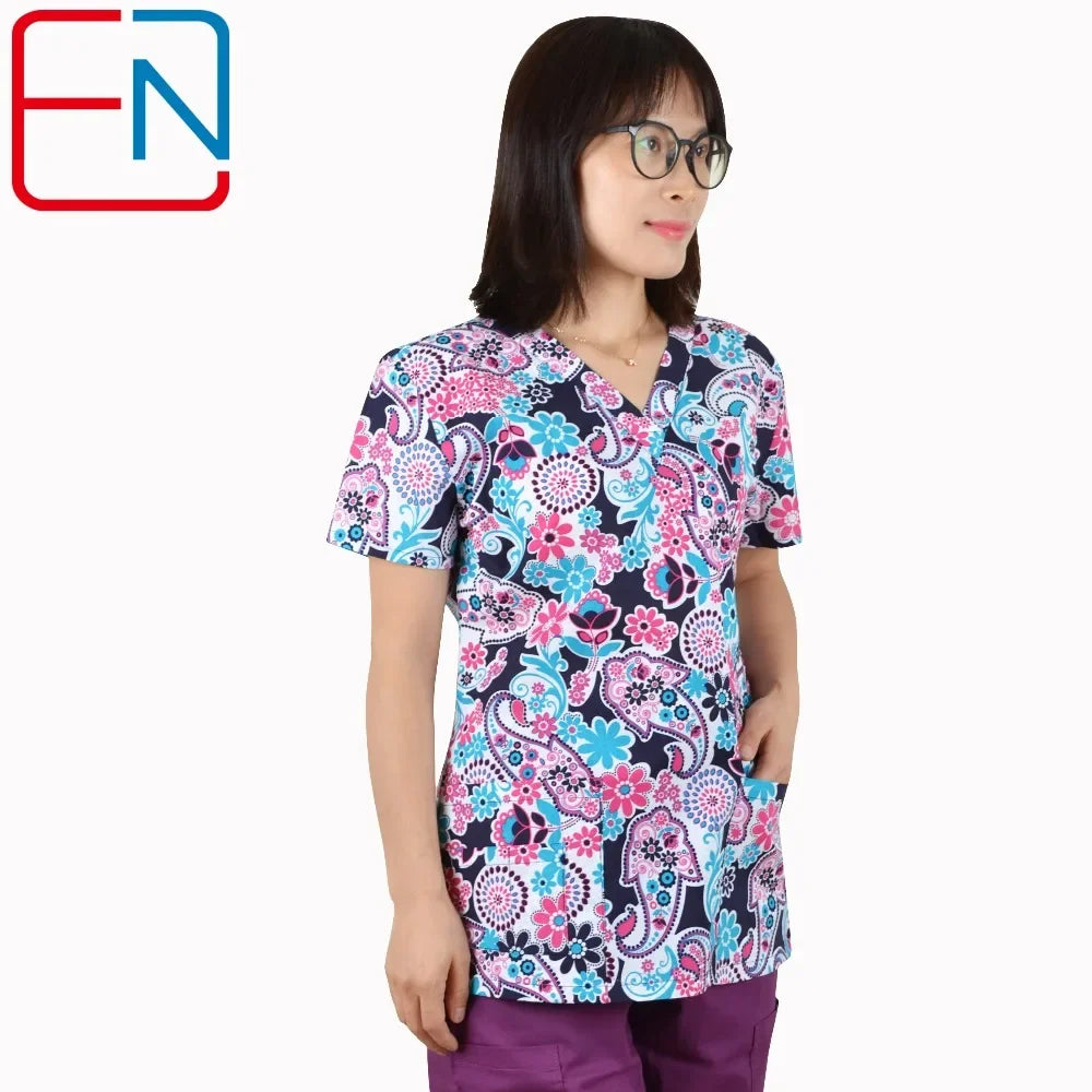 Hennar Print Vet Scrub Uniform For Women In 100% Cotton 4 pockets,XXS-5XL Pet Doctors Medical Scrub Tops