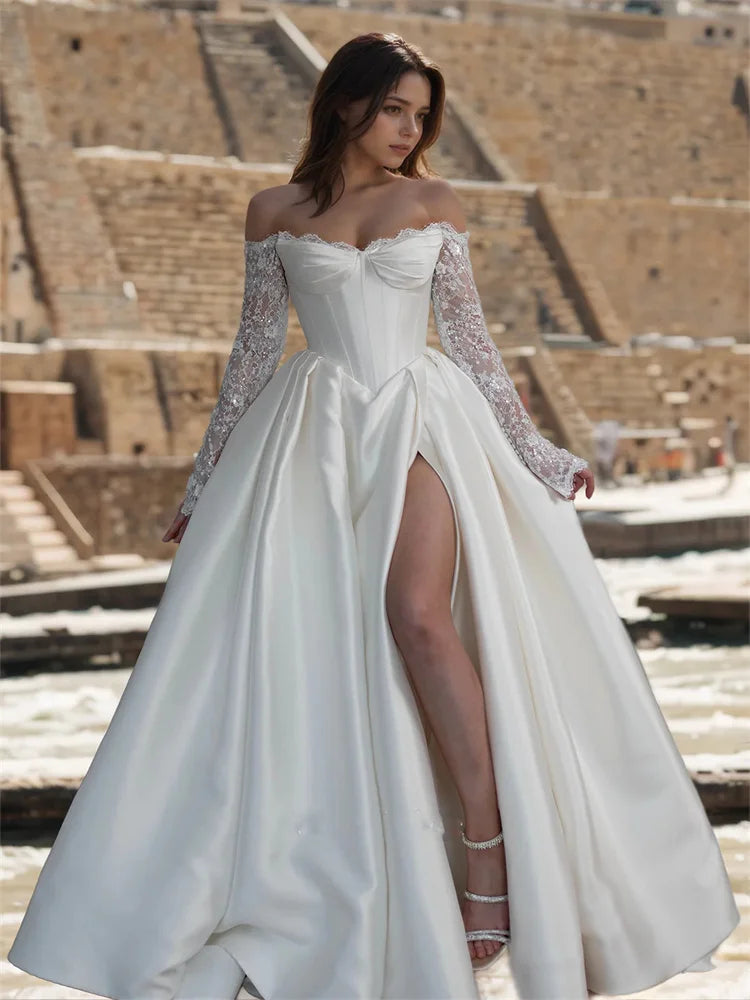 SWEMILE Customized Off Shoulder Long Appliques Sleeves Satin A-Line Wedding Elegant Lace-up Back Floor Length Side Slit Gown