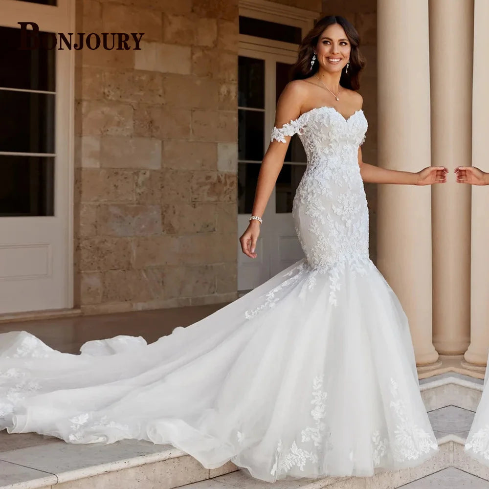 BONJOURY Simple V-neckline Wedding Dress for Woman Bride Satin Pockets Chapel Train Button Vestido De Casamento Drop Shipping