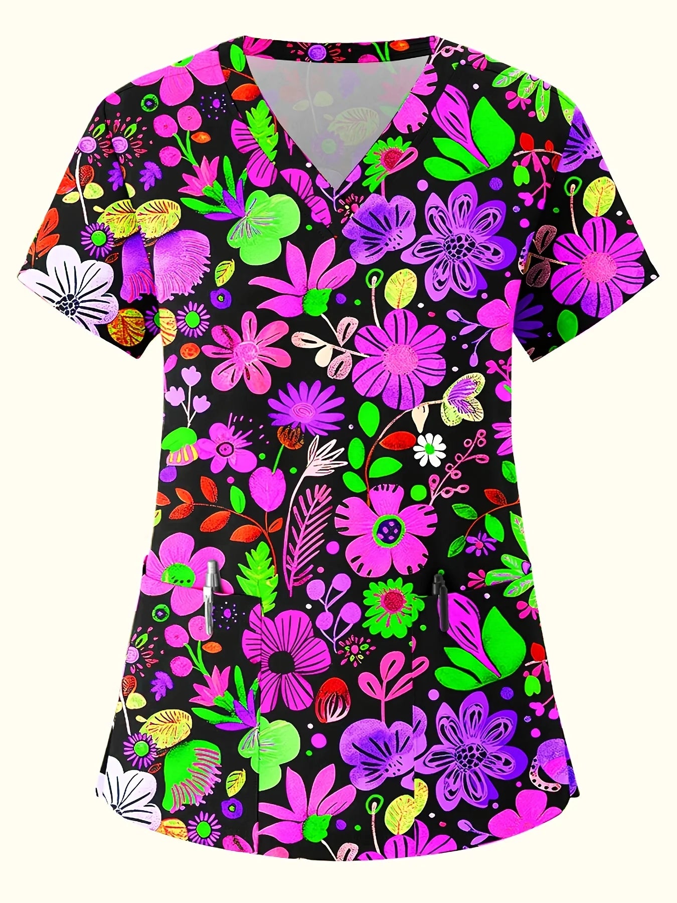 Fashion floral Nurse Uniform Short-Sleeve Shirt Commuting Work V-Neck Top Short Sleeves Functional Patch Pockets Women's T-Shirt