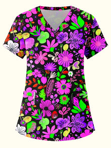 Fashion floral Nurse Uniform Short-Sleeve Shirt Commuting Work V-Neck Top Short Sleeves Functional Patch Pockets Women's T-Shirt