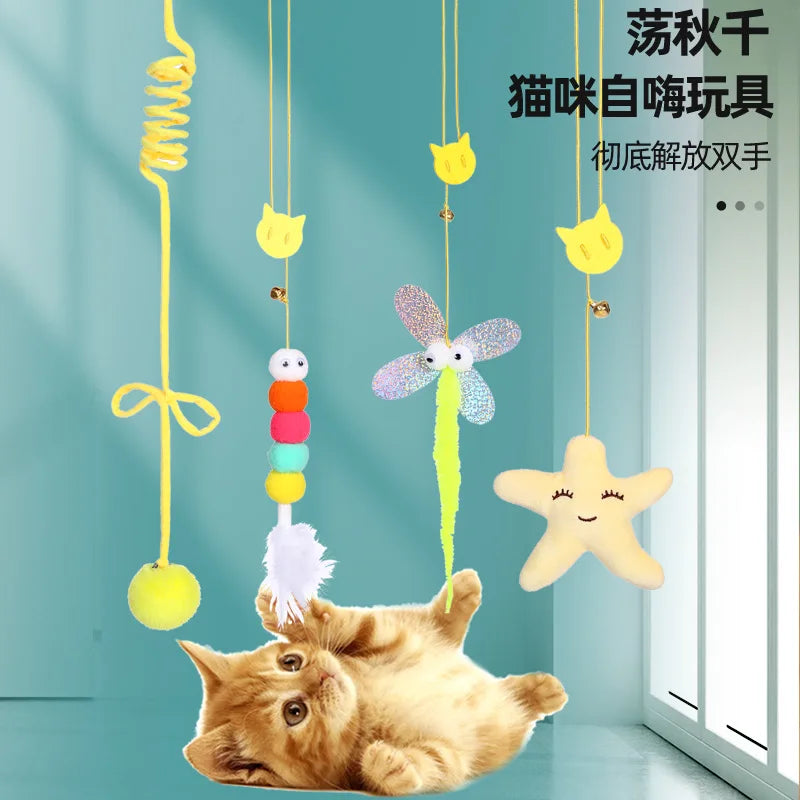 OUWO Hanging Cat Toy Simulation Toy Cat Scratch Telescoping Rope Feather Kitten Playing Game Interactive Toy Pet Supplies ﻿