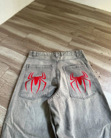 Harajuku Gothic Grey Girl Spider Print Baggy Jeans Jeans Vintage Streetwear Y2K Pants Mens High Waist Wide Leg Trousers