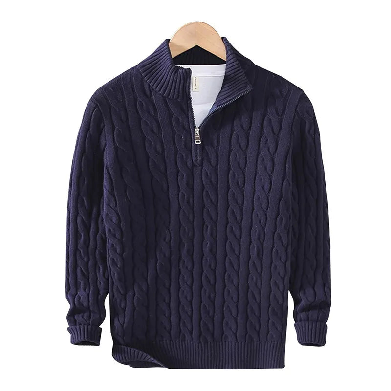 pure Cotton Sweaters Men's High Quality Autumn Cable Knit Christmas Sweater With Zipper Turtleneck Pullovers Zipper Pull Homme