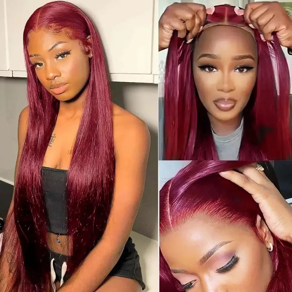 Straight 99J Burgundy Red Synthetic 13x4x1 Lace Frontal Wig