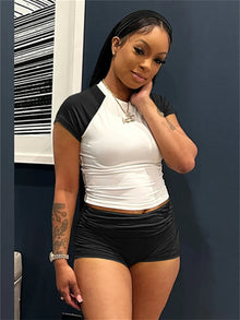Weird  Puss Sporty Patchwork 3 Piece Set Women Casual Summer Headband+Crop Top+High Waist Bike Shorts Street Matching Tracksuit