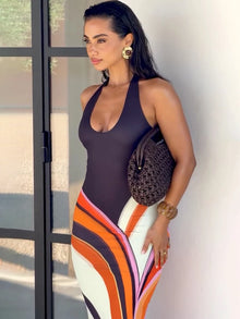 Halter Neck Backless Maxi Dress Women Colorful Swirl Print