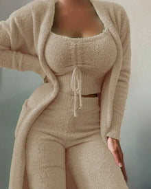 2026 New Luxury Women's Plush Pajamas Set Crop Top+Long Pants+Coat 3 Pieces Suit Homewear Female Matching Sets Warm Pyjamas Pjs