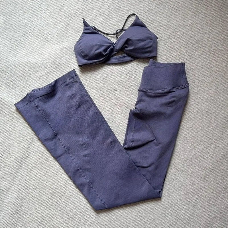 NO LOGO 2 Pieces Flared Legging Set Women Twist Front Sports vest Top Wide Leg Yoga Pants Seamless Yoga Set Tracksuits Workout