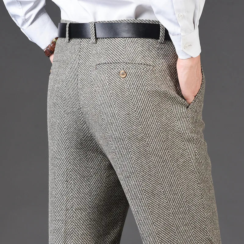 Flat Cashmere Suit Trouser For Male Loose Plaid Hight Waist Classic Straight Formal Mens Dress Pants Business Size 42 44