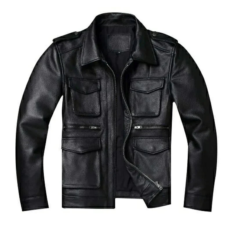 Veste en cuir véritable rouge marron vintage pour homme, en cuir de vachette souple, manteau d'hiver noir, vestes de motard Jaqueta Masculina De Couro