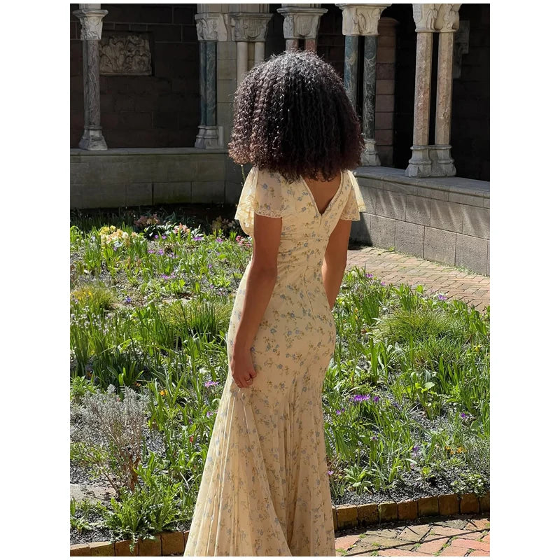 Fashion V-neck Floral Women Maxi Dress Flutter Sleeve Lace Trim High Waist Chiffon Vestidos Summer Female Daily Vacation Dresses