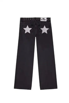 Gothic Womens ONE DILEMMA Jeans Y2K Clothing Fashion Sequin Five Pointed Star Rivet Retro Jeans Mid Rise Wide Leg Trousers