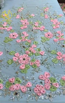 Beautiful Nigerian 3D Flower Lace Fabric 2026 African Beaded Sequins Lace Fabric French Embroidery Tulle Lace Wedding Dress