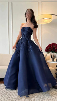 2026Navy Lace Strapless 3D Flowers A Line Prom Gown Strapless Floor Length Applique Elegant Sleeveless Evening Dres Party Dress